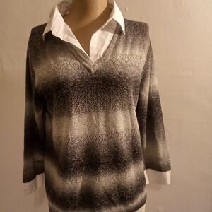 Vintage Alfred Dunner V-Neck Ombre Knit Sweater in Black and White